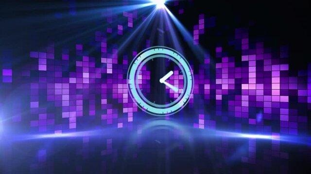 Animation of scanner with clock face over dance floor with flashing purple lights and spotlight