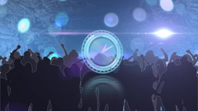 Animation of scanner with clock face over dancing crowd with bokeh blue lights and spotlight