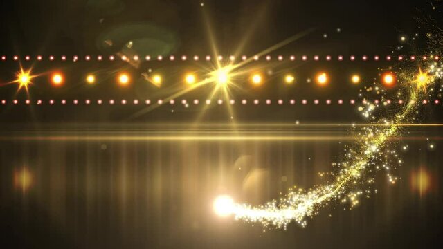 Animation of shooting star over spotlit empty stage at venue