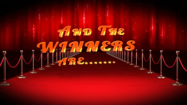 Animation of and the winners are text over red carpet venue with red kaleidoscopic shapes