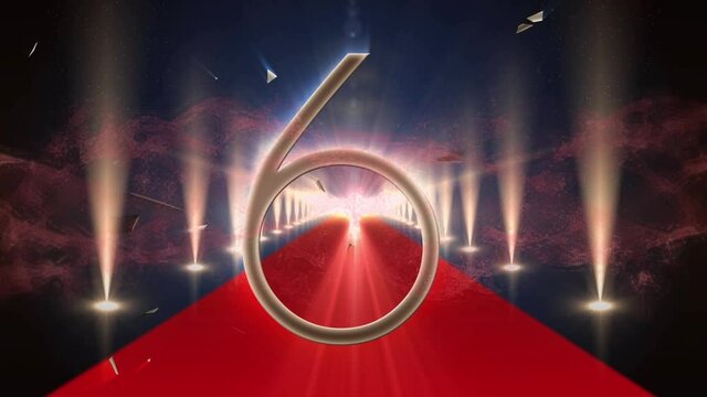 Animation of gold number countdown from 10 to 1 over red carpet venue