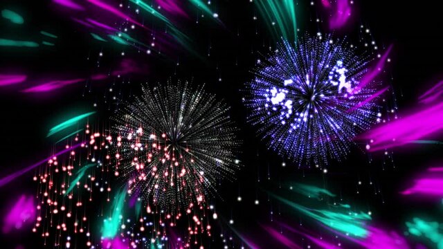Animation of colourful lights and exploding fireworks in night sky