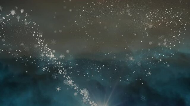 Animation of shooting star and snow falling on blue background