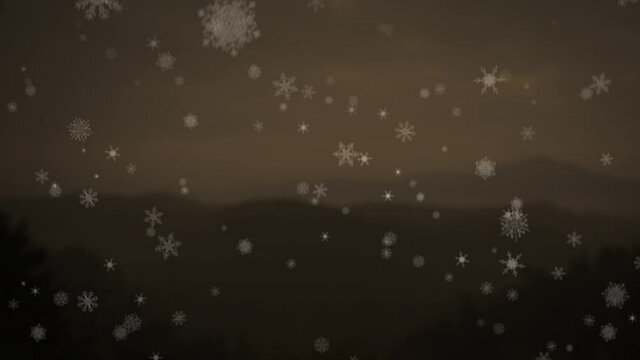 Animation of snow falling over mountains on brown background
