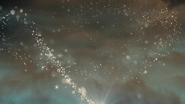 Animation of shooting star and snow falling over clouds in background