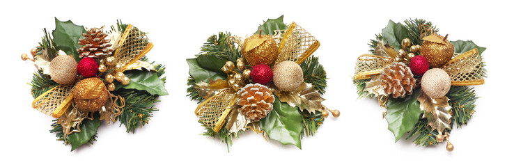 Green Christmas wreath with gold glitter elements. Set on white background.