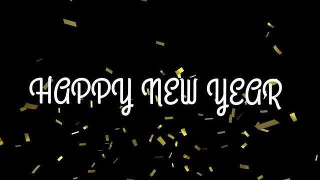 Animation of happy new year greetings over confetti falling in background