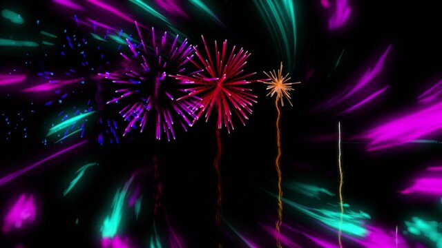 Animation of new year's eve fireworks exploding over light trails