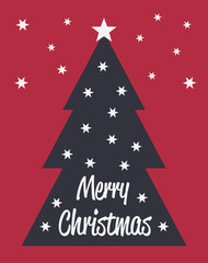 red Christmas card template with Christmas tree and stars, vector illustration