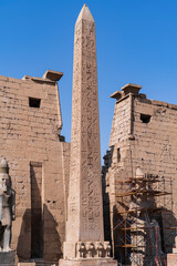 Detail in vertical photography of the great obelisk at the entrance to the Temple of Luxor....