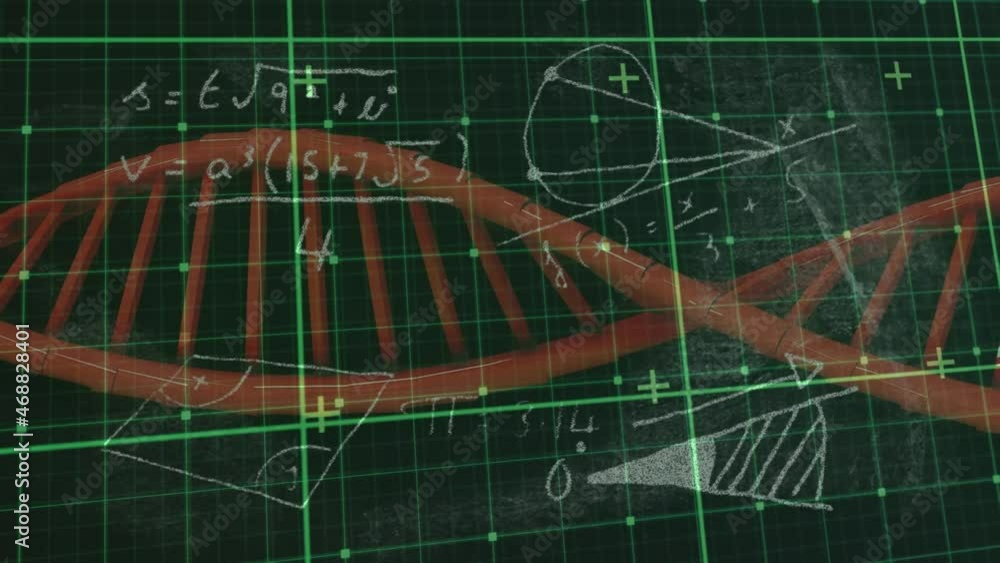 Aufkleber animation of equations with red dna strand rotating over green grid