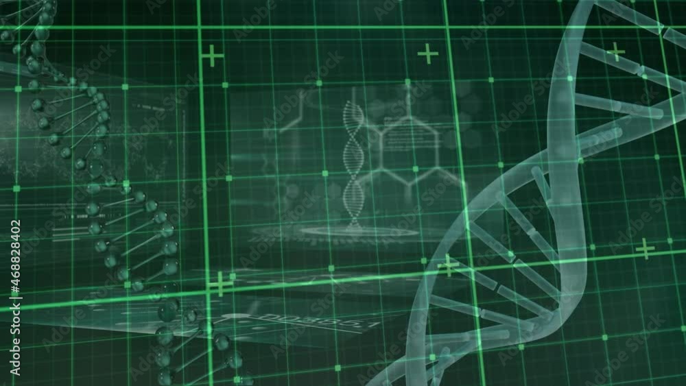 Aufkleber animation of dna strands rotating over processing data on green grid