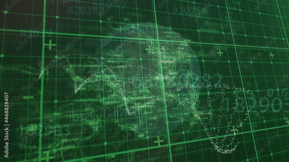 Poster animation of globe and particles forming helix over processing data on green grid