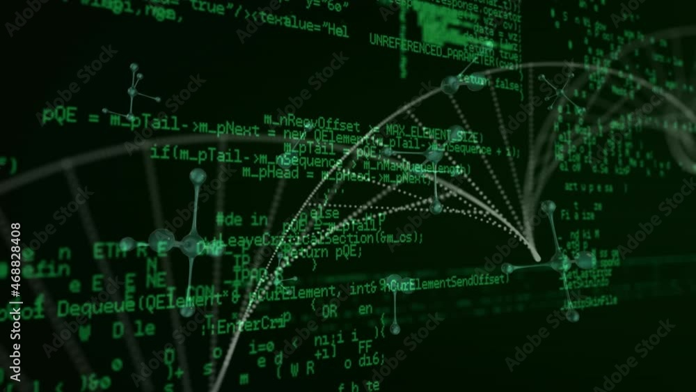 Aufkleber animation of atomic structures and particles forming helix over processing green data
