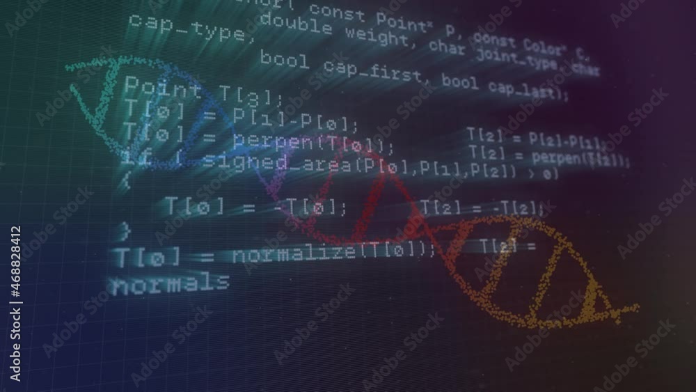 Aufkleber animation of processing data and colourful dna strand rotating on dark screen