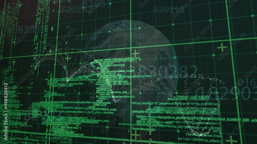 Poster animation of globe and particles forming helix over processing data on green grid