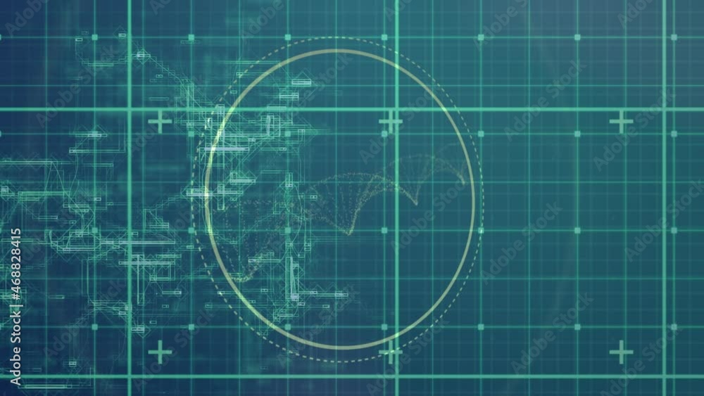 Poster animation of circular scanner and particles forming helix over data processing on green grid