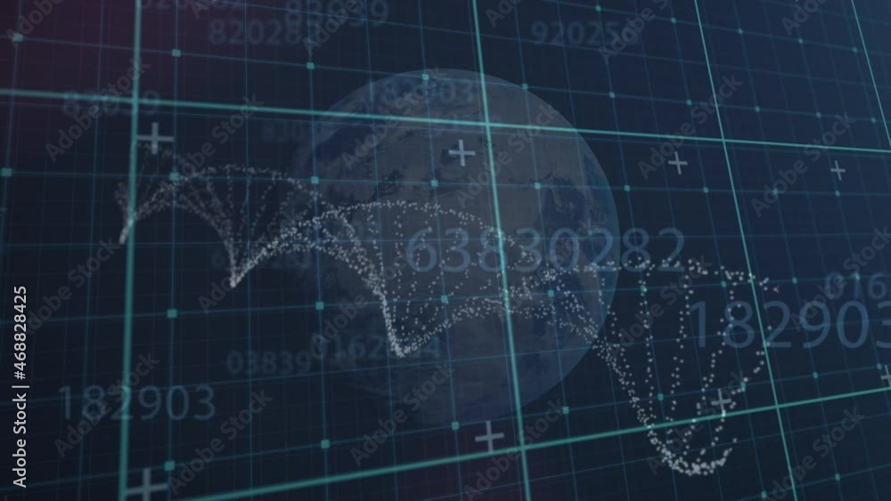 Poster animation of globe and particles forming helix with processing data and grid, on black