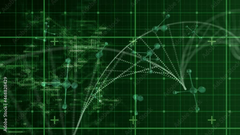Aufkleber animation of atomic structures and particles forming helix over processing green data