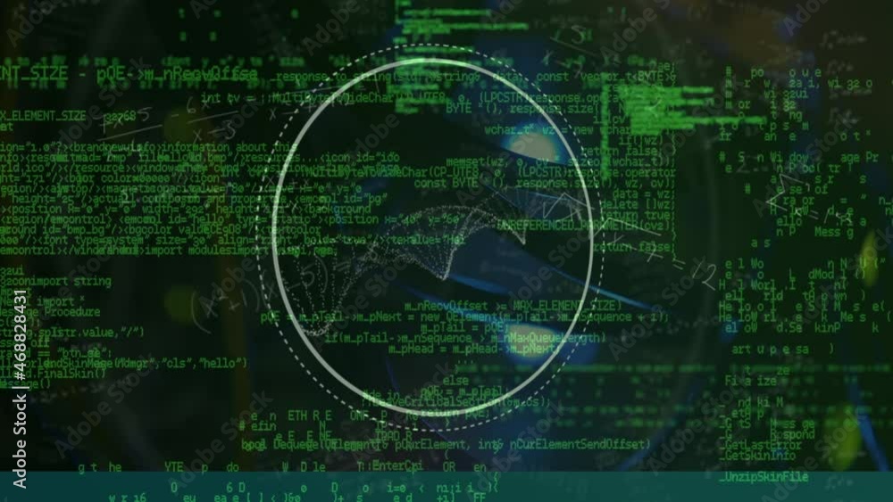 Poster animation of circular scanner and particles forming helix over green data processing