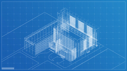 Building Blueprint illustration, 3d blueprint render, engineering blueprint with high quality 3d render