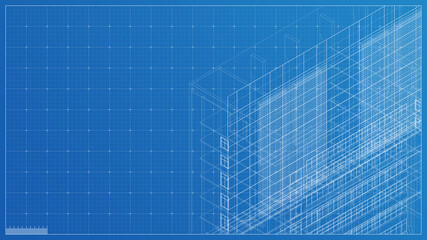 Building Blueprint illustration, 3d blueprint render, engineering blueprint with high quality 3d render