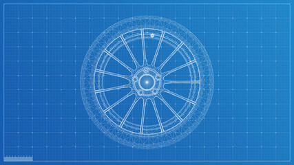 Car wheels Blueprint illustration, 3d blueprint render, engineering blueprint with high quality 3d render