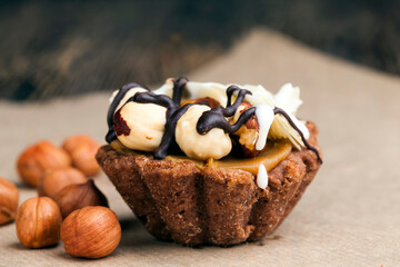 chocolate cake with nougat and roasted hazelnuts