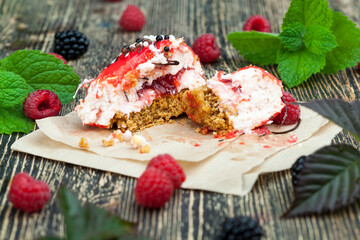 fresh cake with red raspberry jam