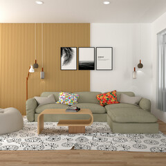 Minimalist living room, with sofa and wood