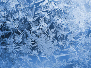 Winter background. Blue with white tinted wallpaper. Drawing of crystals of ice and frost on the window glass. Frozen surface. Abstract Christmas backdrop