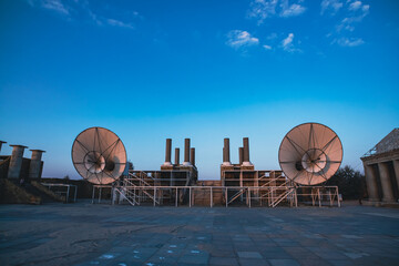 The main scene of an abandoned Kazantip in the village of Popovka, Crimea. Huge horns at sunset