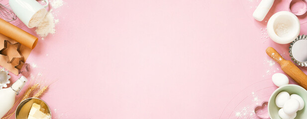 Pink banner with raw ingredients for baking, traditional cookies or cakes