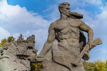 Monument to the Unknown Soldier and sculpture of the Motherland in Volgograd, Russia. The inscription on the monument: "not a step back"