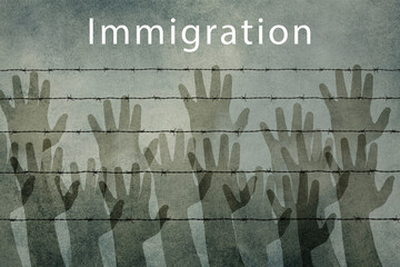 Immigration, refugees Europe, asylem seekers, immigrants. silhouette of arms behind a barbed wire,...