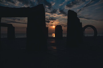Abandoned Kazantip beach in the village of Popovka, Crimea, Russia. Beautiful sunset. The...