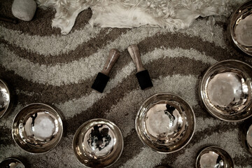 A set of Tibetan singing bowls for acoustic massage. Tools of modern yoga