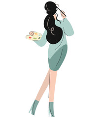 Vector illustration of a female artist with a brush and palette. Young creative girl with long black hair draws while standing in a comfortable position. Flat vector isolated illustrations.