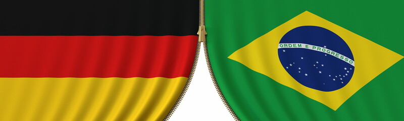 Germany and Brazil cooperation or conflict, flags and closing or opening zipper between them. Conceptual 3D rendering