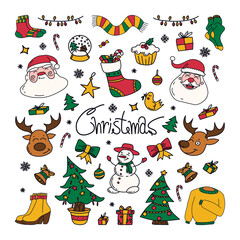 new year drawings icons, large set of festive clip-art graphics. Christmas design elements. Childish cute style