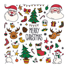 new year drawings icons, large set of festive clip-art graphics. Christmas design elements. Childish cute style