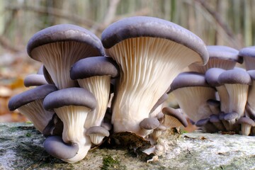 Group of mushrooms Pleurotus ostreatus (oyster mushroom, oyster fungus, hiratake) growing on trunk in forest. It is a common edible mushroom. - obrazy, fototapety, plakaty