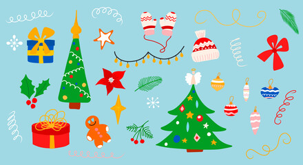 Large vector Christmas set of elements, Christmas tree, gifts, streamers, gingerbread, Christmas toys in cartoon style. Christmas elements for decor, stickers, postcards.