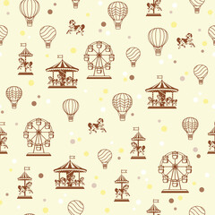 Vector Sepia Fun Fair, Carrousel, Hot air Balloons and Ferris wheels seamless pattern background. Perfect for fabric, scrapbooking, wallpaper projects