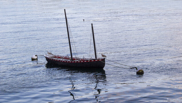 barco de madera entre dos boyas con gaviota