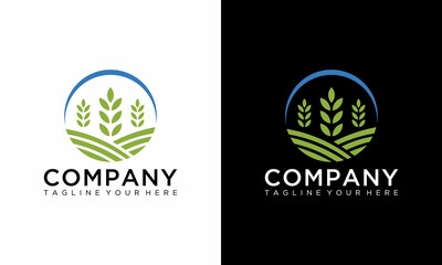 Agriculture logo design with concept of leaves icon and plantation land vector. Green nature logo used for agricultural systems, farmer, and plantation products. on a black and white background.