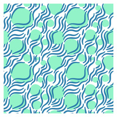 Seamless pattern with blue waves and bubbles. Design for backdrops with sea, rivers or water texture. Repeating texture. Figure for textiles.