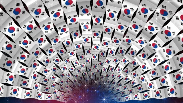 Korean background. Ribbons of waving country flags. Syvolic arch with a tunnel of flags and stars.