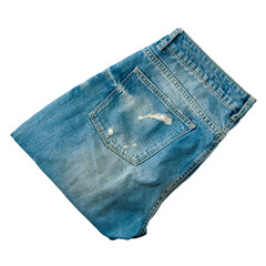 Denim trousers, shorts, folded, jeans, casual wear, accessories, isolated on a white background, close-up