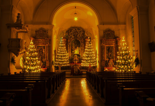 Interior of a church with Christmas decorations